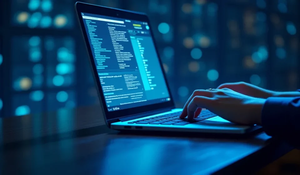 The image shows a laptop displaying a colorful website comparing various web hosting options for beginner bloggers.