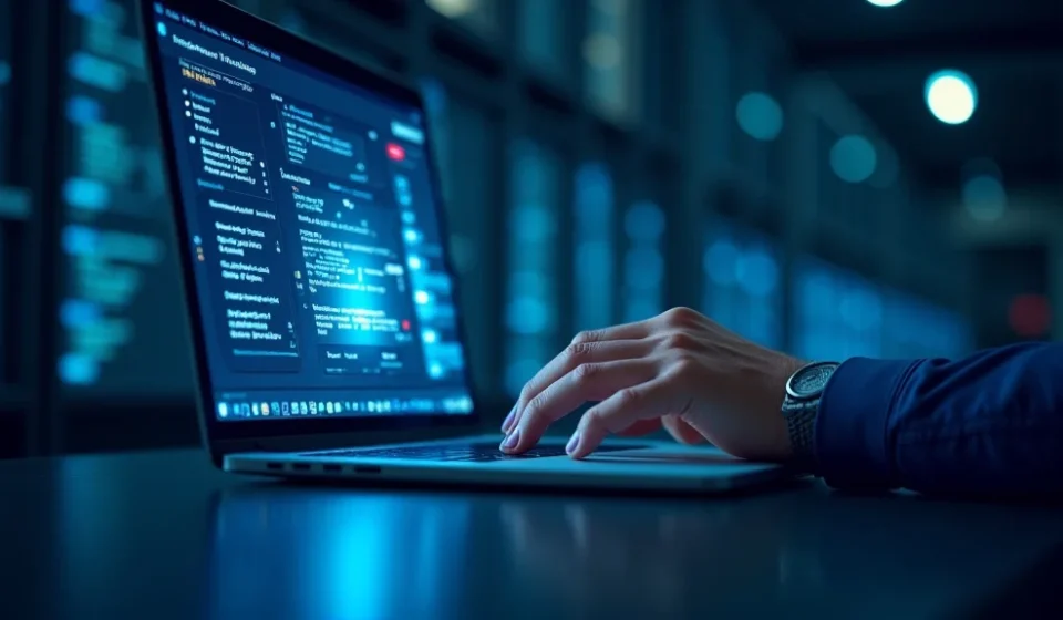 The image shows a Canadian flag waving near a laptop displaying a website reviewing web hosting providers.