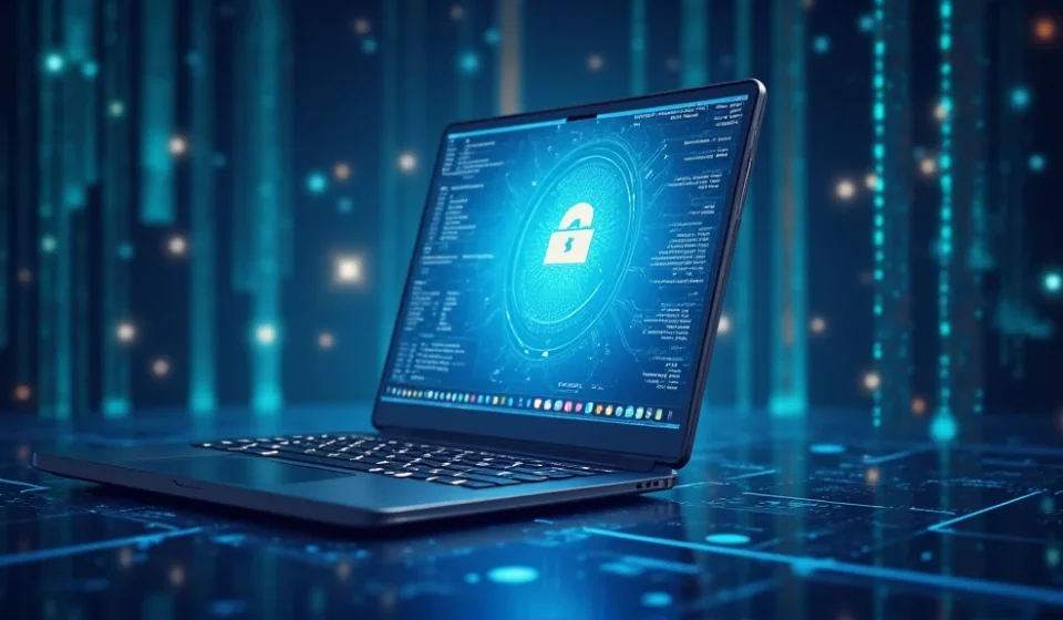 The image shows a laptop displaying website hosting options, illustrating finding simple basic website hosting reviews.